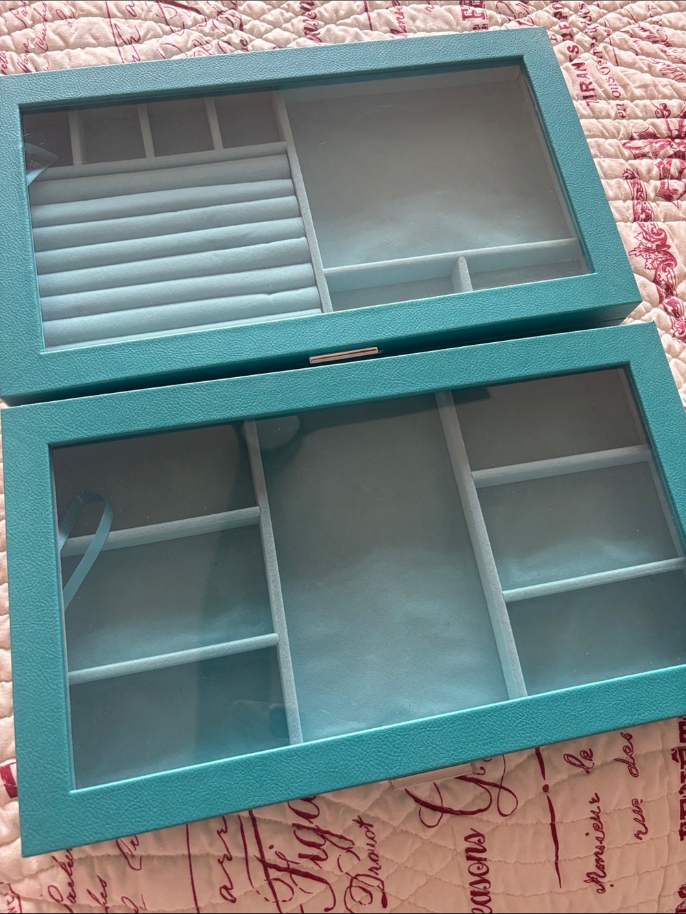 Pair of Turquoise Colored Jewelry Organizer Boxes with Plexi Tops